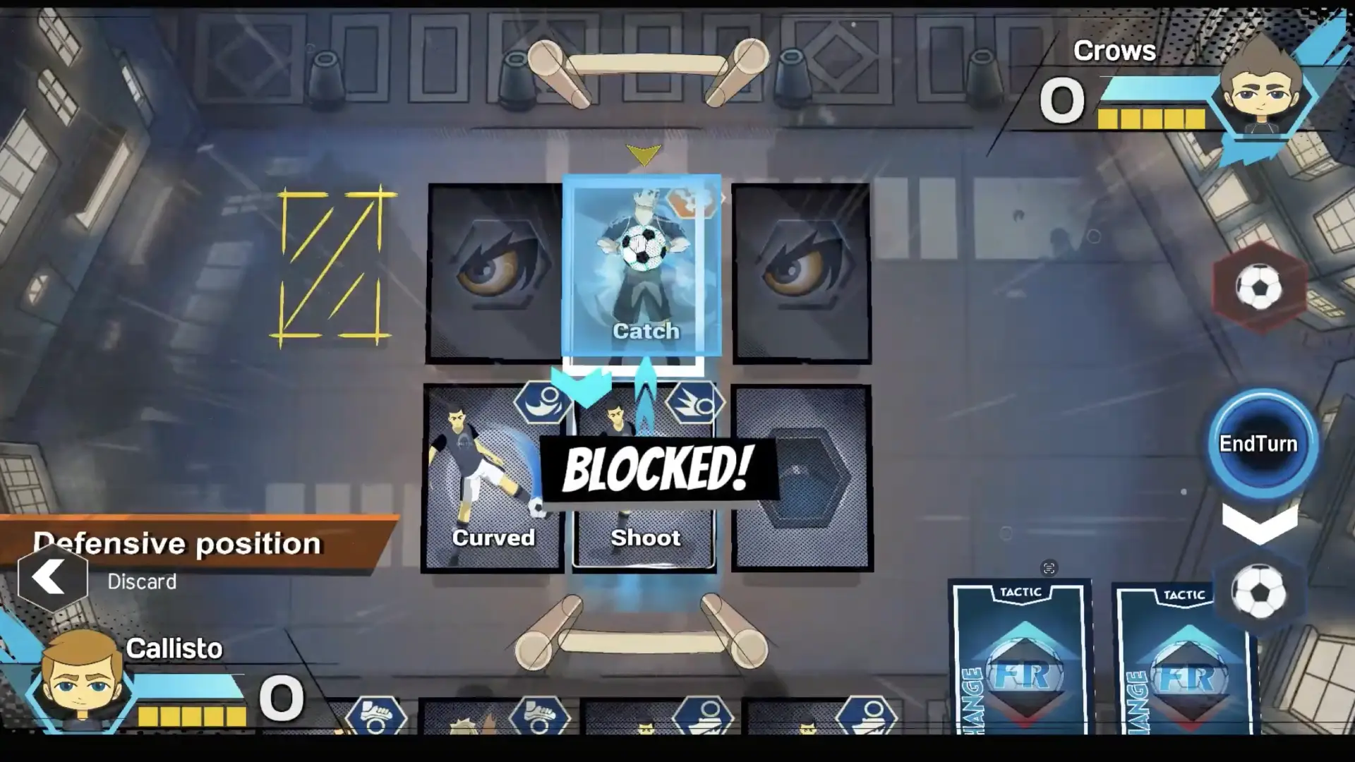 Field Rivals gameplay showing the tactical card-based soccer match interface